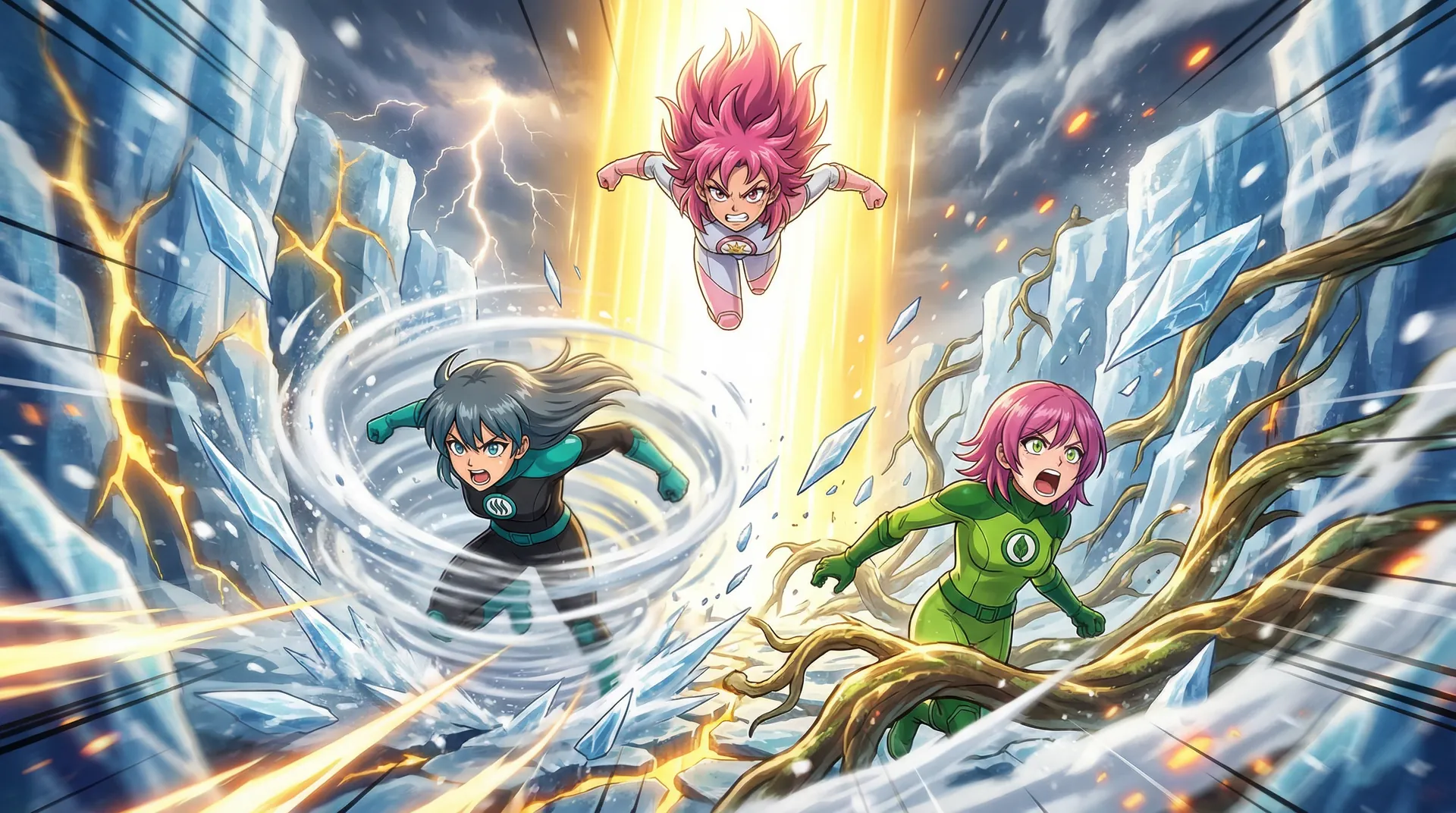 EBA key art: three heroes charge through a storm of light and ice.