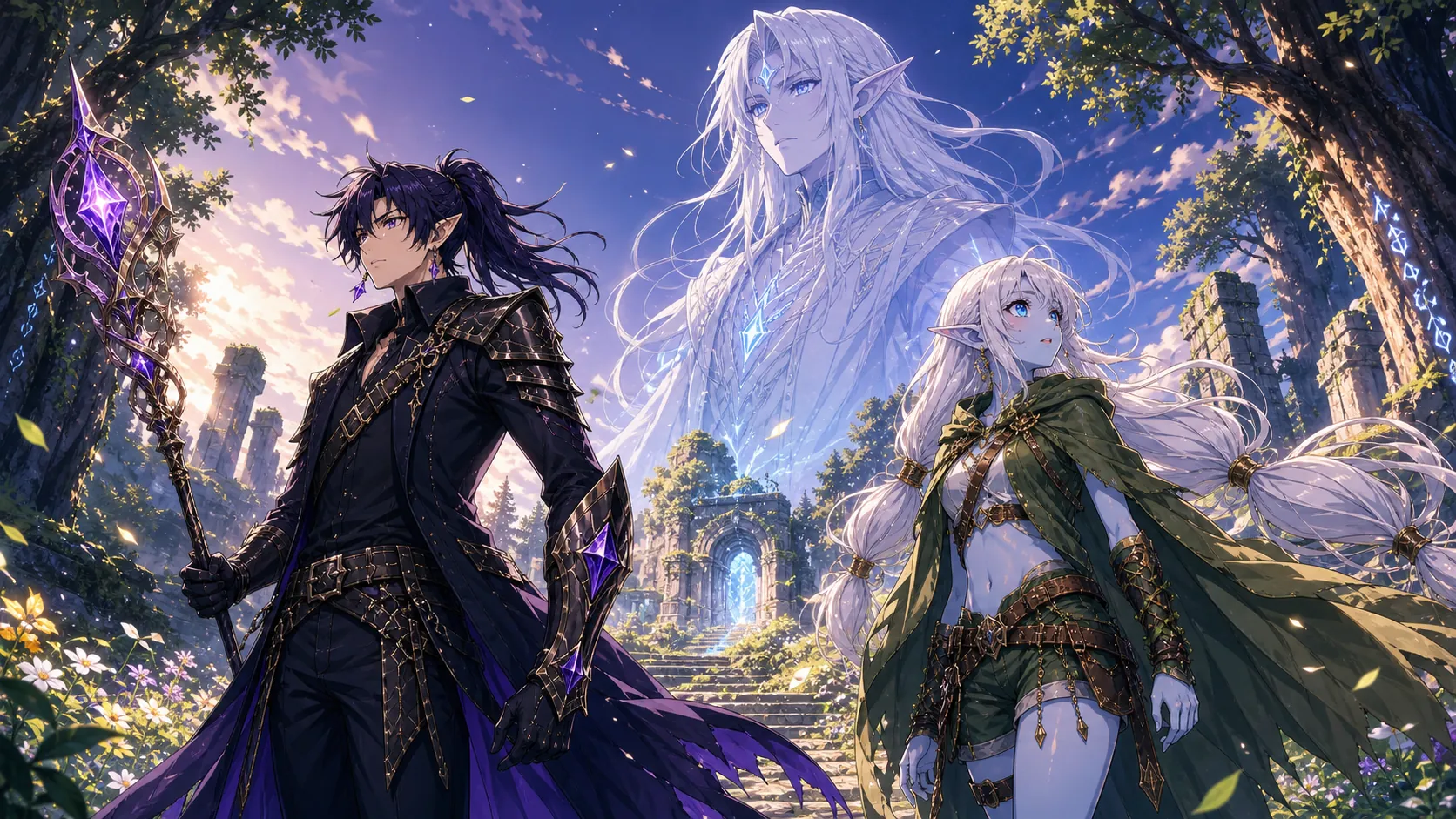 Motherland Adventures key art: a dark-cloaked mage and two elves in a sunlit forest.